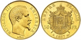 Francia. 1857. Napoleón III. A (París). 50 francos. (Fr. 571) (Kr. 785.1). Leves golpecitos. Parte de brillo original. AU. 16,13 g. EBC/EBC+.