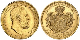 Suecia. 1901. Óscar II. EB. 10 coronas. (Fr. 94b) (Kr. 767). Muy bella. Escasa así. AU. 4,48 g. S/C-.