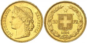 Suiza. 1894. B (Berna). 20 francos. (Fr. 495) (Kr. 31.3). Rayitas. AU. 6,43 g. MBC+/EBC-.