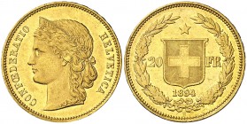 Suiza. 1894. B (Berna). 20 francos. (Fr. 495) (Kr. 31.3). Leves rayitas. AU. 6,44 g. EBC-.
