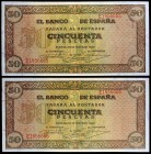 1938. Burgos. 50 pesetas. (Ed. D32a) (Ed. 431a). 20 de mayo. Pareja correlativa, serie E. Leve doblez central. (EBC+).