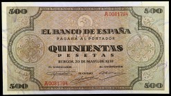 1938. Burgos. 500 pesetas. (Ed. D34) (Ed. 433). 20 de mayo. Leve doblez en un lateral. Magnífico ejemplar. Con apresto. Raro así. S/C-.