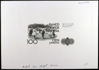 1980. 100 pesetas. (Ed. NE71P var). 14 de marzo, Joan Maragall. Prueba de grabado del reverso de un billete no emitido. En margen inferior, manuscrito...