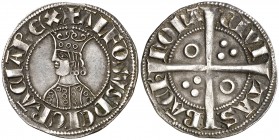Alfons II (1285-1291). Barcelona. Croat. (Cru.V.S. 331) (Badia 14 var) (Cru.C.G. 2148). Dos y cinco anillos en el vestido. Atractiva. Bella. 3,07 g. E...