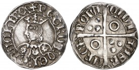 Pere III (1336-1387). Barcelona. Croat. (Cru.V.S. 415) (Badia 274, mismo ejemplar) (Cru.C.G. 2221). Flores de siete pétalos en el vestido. Letras A y ...
