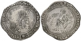 Reyes Católicos. Burgos. 8 reales. (AC. 569, mismo ejemplar (indica punto como marca por error)). 8 sobre yugo y flechas. B debajo, a izquierda. El 8 ...