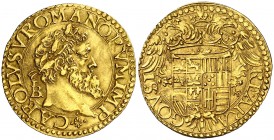 s/d. Carlos I. Nápoles. IBR. 1 ducado. (Vti. 305) (MIR. 131). Rara y más así. 3,39 g. EBC+.