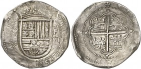 s/d. Felipe II. Granada. F. 8 reales. (AC. 643). Sin adornos entre escudo y corona. Atractiva. Escasa así. 27,29 g. (EBC-).