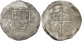 s/d. Felipe II. Granada. F. 8 reales. (AC. 644). Con adornos entre escudo y corona. Buen ejemplar. Escasa así. 27,40 g. (EBC-).