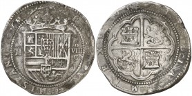 1(5)91. Felipe II. M (Madrid). C. 8 reales. (AC. 660, mismo ejemplar). Oxidaciones superficiales. Rarísima. Única conocida. 26,77 g. MBC.