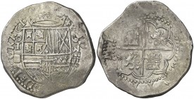 1593. Felipe II. Segovia. I. 8 reales. (AC. 682) (Cal. Edición 2008, nº 169, mismo ejemplar). Rarísima. ¿Única conocida?. 24,64 g. MBC+.