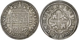 1588. Felipe II. Segovia. 8 reales. (AC. 708) (AC. pdf 693) (Cal. Edición 2008, nº 184, mismo ejemplar). Cruz interior pequeña. Acueducto de tres arco...