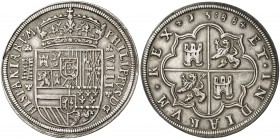 1588. Felipe II. Segovia. 8 reales. (AC. 715) (AC. pdf 695). Acueducto de cinco y seis arcos y dos pisos. El escudo corta la leyenda. Mínima hojita. P...
