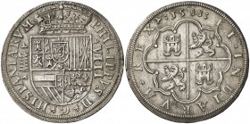 1588. Felipe II. Segovia. 8 reales. (AC. 692) (AC. pdf 698). Acueducto de cinco y seis arcos y dos pisos. El valor sólo con adorno en la parte superio...