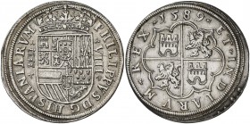 1589. Felipe II. Segovia. 8 reales. (AC. 713) (AC. pdf 705). Acueducto de tres arcos y un piso. Cinco ventanas en los castillos del reverso. Mínimas r...