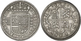 1590. Felipe II. Segovia. 8 reales. (AC. 695) (AC. pdf 707). Acueducto de cinco arcos y dos pisos. Tres ventanas en los castillos del reverso. Atracti...