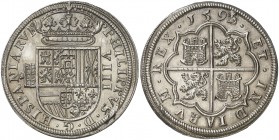 1591/0. Felipe II. Segovia. 8 reales. (AC. 712) (AC. pdf 710). Acueducto de tres arcos y dos pisos. Castillos del reverso grandes. Bellísima. Muy rara...