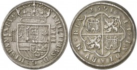 1591. Felipe II. Segovia. 8 reales. (AC. 697) (AC. pdf 711) (Cal. Edición 2008, nº 225, mismo ejemplar). Acueducto de cinco arcos y dos pisos. El útli...