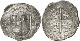 1597. Felipe II. Sevilla. B. 8 reales. (AC. 744). Tipo "OMNIVM". Buen ejemplar. Muy rara y más así. 27,15 g. MBC+.