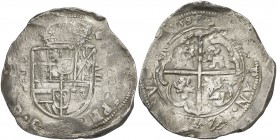 1594. Felipe II. Toledo. C. 8 reales. (AC. 755, mismo ejemplar). Tipo "OMNIVM". Fecha completa en reverso. El 4 de la fecha tumbado y de tamaño superi...