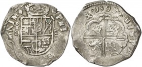 1597/6. Felipe II. Toledo. C. 8 reales. (AC. falta) (AC. pdf 756.1) (Cal. Edición 2008, nº 271, mismo ejemplar mal descrito). Tipo "OMNIVM". Fecha com...
