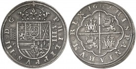 1607. Felipe III. Segovia. C. 8 reales. (AC. 939). Pátina oscura. Muy rara. Sólo hemos tenido seis ejemplares. 26,64 g. EBC-.