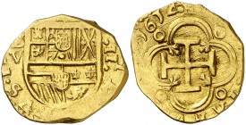 1614. Felipe III. Sevilla. V. 2 escudos. (AC. 1067) (Tauler 96). Todos los datos perfectos. Atractiva. Precioso color. Muy rara así. 6,64 g. EBC.