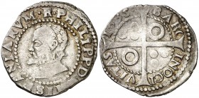 1635. Felipe IV. Barcelona. 1 croat. (AC. 656) (Cru.C.G. 4413). Busto de Felipe II. Atractiva. Parte de brillo original. Rara. 3 g. MBC+.