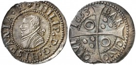 1653. Felipe IV. Barcelona. 1 croat. (AC. 667) (Cru.C.G. 4414l). Bellísima. Preciosa pátina. Muy rara así. 2,71 g. S/C-.