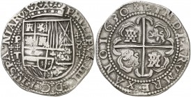 1630. Felipe IV. Potosí. T. 8 reales. (AC. 1379, mismo ejemplar) (Lázaro falta). Redonda. Tipo "Real". Agujero tapado. Muy rara. 25,64 g. MBC+.