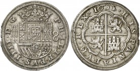 1635/4. Felipe IV. Segovia. R. 8 reales. (AC. 1605). Ligero defecto de acuñación en canto. Parte de brillo original. Rara. No hemos tenido ningún ejem...
