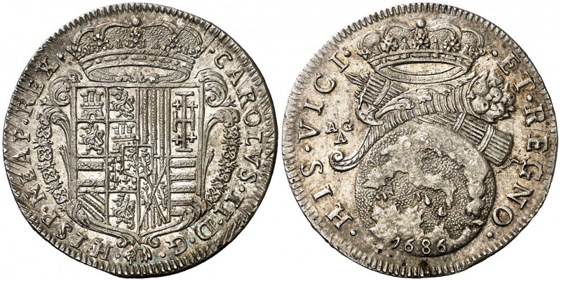 1686. Carlos II. Nápoles. AG/A. 1 tari. (Vti. 170) (Cru.C.G. 4961a) (MIR. 298/5)...