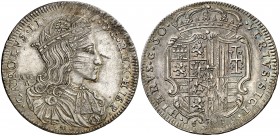 1689. Carlos II. Nápoles. AG/A. 1/2 ducado. (Vti. 187) (MIR. 296) Parte de brillo original. Rara así. 12,77 g. EBC-/EBC.