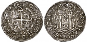 1685. Carlos II. Potosí. VR. 8 reales. (AC. 681) (Lázaro 214). Redonda. Tipo "Real". Triple fecha. Perforación. Muy bella. Ex Colección Isabel de Tras...