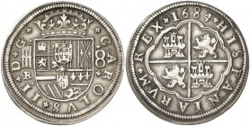 1684. Carlos II. Segovia. BR. 8 reales. (AC. 768). Muy rara. Sólo hemos tenido este ejemplar. 25,83 g. MBC+.
