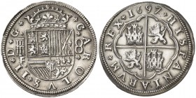 1697/82. Carlos II. Segovia. F/BR (Francisco de Pedrera/Bernardo de Pedrera). 8 reales. (AC. 771 var) (AC. pdf 770.1). Bella. Brillo original. Rara y ...