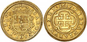 1687/3. Carlos II. Segovia. BR. 4 escudos. (AC. 951, mismo ejemplar) (Colección Caballero de las Yndias, nº 1934, mismos cuños). Sin el escusón de Por...