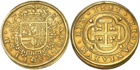 1683. Carlos II. Segovia. BR. 8 escudos. (AC. 1000, señala "sin el escusón de Portugal", por error) (AC. pdf 1000, mismo ejemplar) (Cal.Onza indica "p...