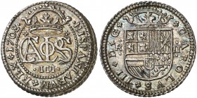 1708. Carlos III, Pretendiente. Barcelona. 2 reales. (AC. 29). Bella. Preciosa pátina. Rara así. 4,92 g. S/C-.