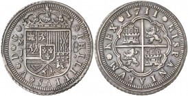 1711. Felipe V. Madrid. J. 8 reales. (AC. 1338). Letras V en leyendas. Leves rayitas. Mínima hojita. Pequeña parte del canto sin acuñar. Bella. Precio...