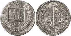 1713/1. Felipe V. Madrid. J. 8 reales. (AC. 1340). Anverso ligeramente descentrado. Bella. Muy rara. Sólo hemos tenido otro ejemplar con sobrefecha y ...