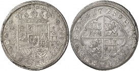 1728. Felipe V. Madrid. JJ. 8 reales. (AC. 1348). Mínimos defectos de acuñación. Bella. Parte de brillo original. Rara así. 26,91 g. EBC+.