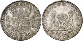 1736. Felipe V. México. MF. 8 reales. (AC. 1445). Columnario. Bella. Parte de brillo original. Ex Áureo 22/10/1998, nº 2322. Rara así. 26,88 g. S/C-....