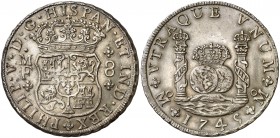 1745. Felipe V. México. MF. 8 reales. (AC. 1468). Columnario. Muy bella. Precioso color. Ex Colección Elariz. Rara así. 27,01 g. S/C-.