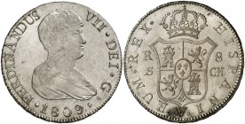 1809. Fernando VII. Sevilla. CN. 8 reales. (AC. 1412). Leves rayitas. Bella. Brillo original. Escasa así. 26,80 g. EBC+.