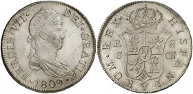 1809. Fernando VII. Sevilla. CN. 8 reales. (AC. 1413). Busto diademado. Rayitas. Bella. Parte de brillo original. Muy rara y más así. 26,83 g. EBC+.