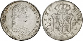 1820. Fernando VII. Sevilla. CJ. 8 reales. (AC. 1421). Leves rayitas. Parte de brillo original. Escasa así. 27 g. EBC/EBC+.