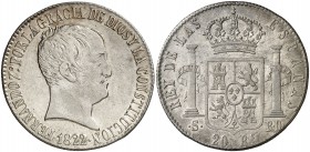 1822. Fernando VII. Sevilla. RD. 20 reales. (AC. 1422). Tipo "cabezón". Rara y más así. 26,92 g. EBC-/EBC.