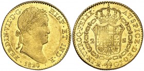 1820. Fernando VII. Madrid. GJ. 2 escudos. (AC. 1628). Bella. Brillo original. Escasa así. 6,69 g. EBC+.