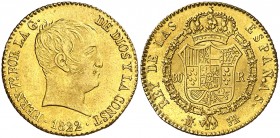 1822. Fernando VII. Madrid. SR. 80 reales. (AC. 1641). Tipo "cabezón". Muy bella. Brillo original. Rara así. 6,74 g. S/C-.